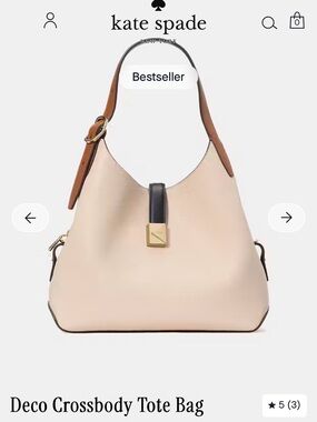 Kate Spade Deco Crossbody Tote Beige with Brown Trim and Black Tab Milk Glass